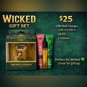 WICKED SET USB Wall Charger with Watermelon Scented Lip Oil &  2 Lotions